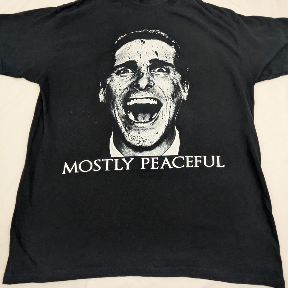 American Psycho Men's Black Tee Christian Bale Mostly Peaceful Size Large